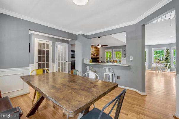 Dining room, Interior, Recessed Lighting, Wood Texture Flooring