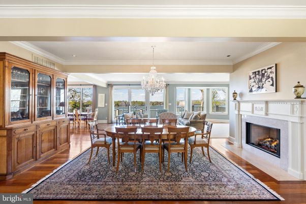 Chandelier, Dining room, Fireplace, Interior, Wood Texture Flooring