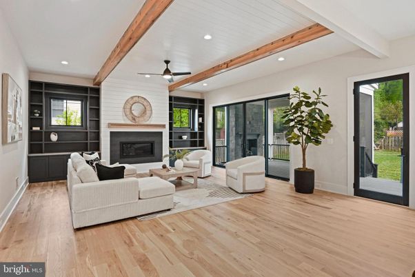 Fireplace, Interior, Living room, Recessed Lighting, Wooden Beams, Wood Texture Flooring