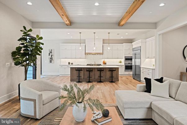 Interior, Kitchen, Pendant Lights, Recessed Lighting, Stainless Steel Appliances, Wooden Beams, Wood Texture Flooring