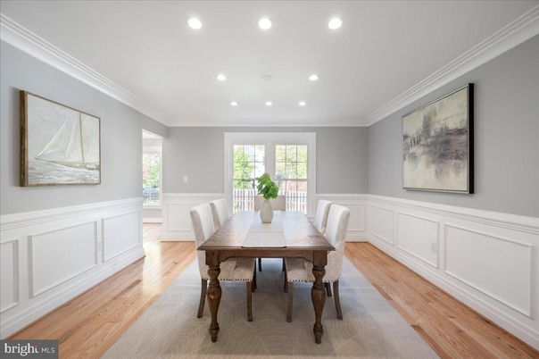 Dining room, Interior, Recessed Lighting, Wood Texture Flooring