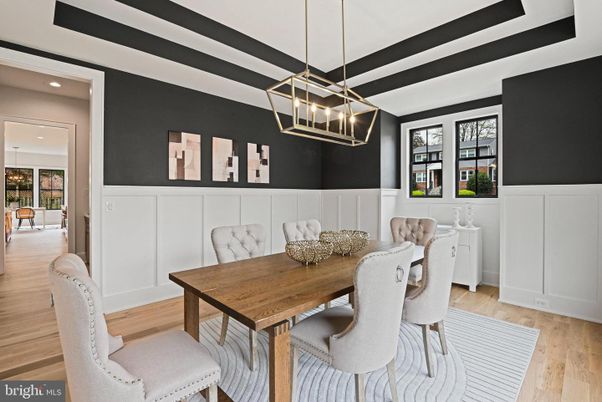 Dining room, Interior, Pendant Lights, Recessed Lighting, Wood Texture Flooring