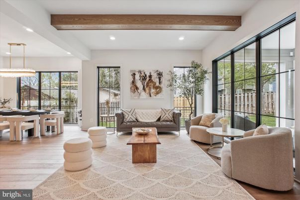 Dining room, Interior, Living room, Pendant Lights, Recessed Lighting, Wooden Beams, Wood Texture Flooring