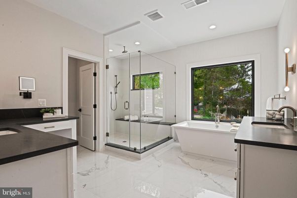 Bathroom, Free Standing Baths, Glass Shower, Interior, Marble, Recessed Lighting