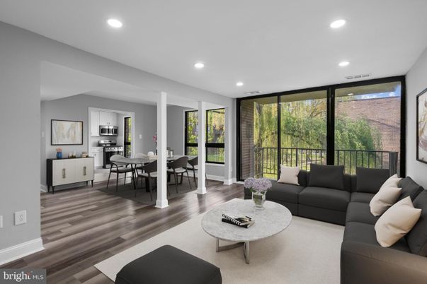 Dining room, Interior, Kitchen, Living room, Recessed Lighting, Stainless Steel Appliances, Wood Texture Flooring