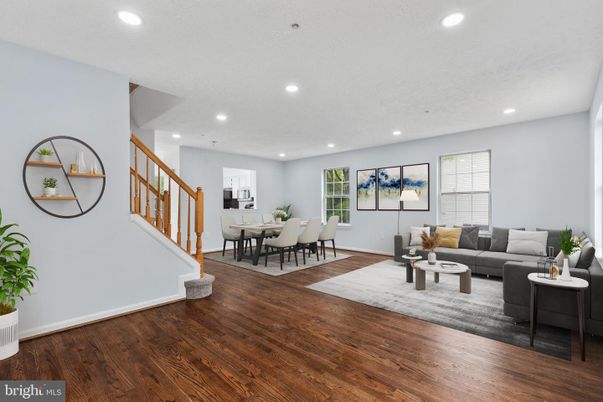 Dining room, Interior, Living room, Recessed Lighting, Wood Texture Flooring