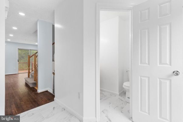 Bathroom, Interior, Marble, Recessed Lighting, Wood Texture Flooring