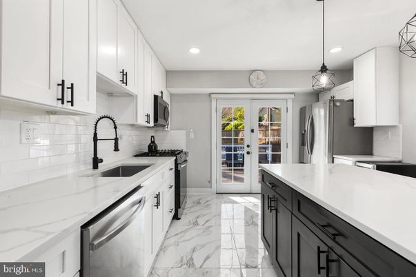 Interior, Kitchen, Marble, Pendant Lights, Recessed Lighting, Stainless Steel Appliances