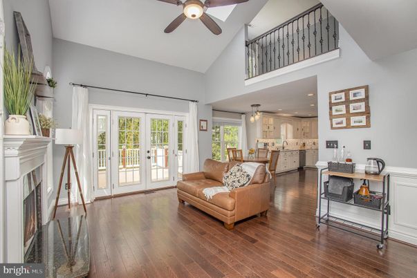 Fireplace, Interior, Kitchen, Living room, Pendant Lights, Recessed Lighting, Wood Texture Flooring