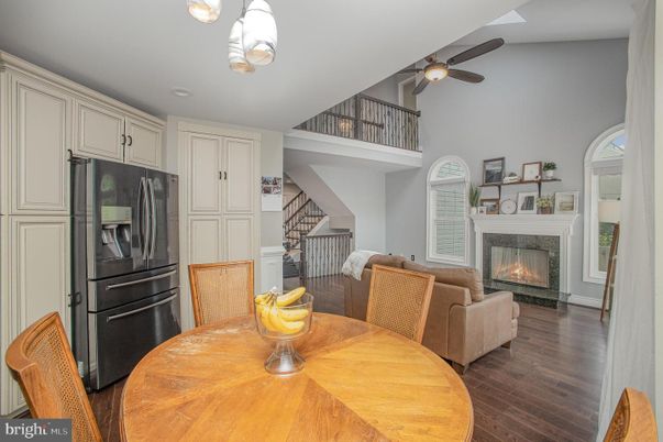 Dining room, Fireplace, Interior, Wood Texture Flooring