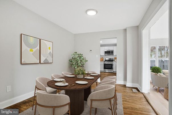 Dining room, Interior, Kitchen, Recessed Lighting, Stainless Steel Appliances, Wood Texture Flooring