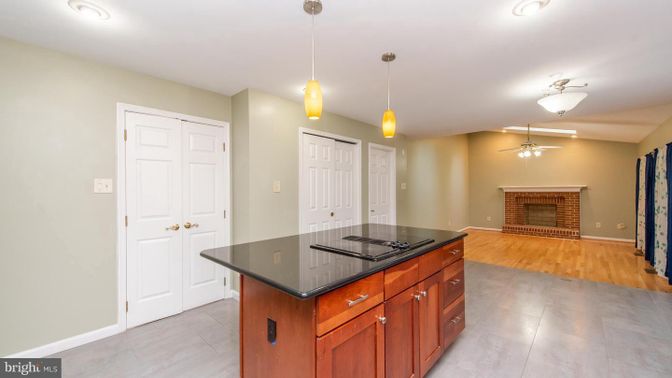Fireplace, Interior, Kitchen, Pendant Lights, Recessed Lighting, Wood Texture Flooring