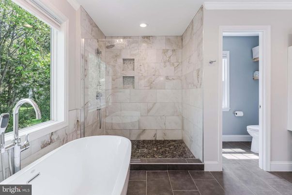 Bathroom, Free Standing Baths, Glass Shower, Interior, Marble Walls, Recessed Lighting