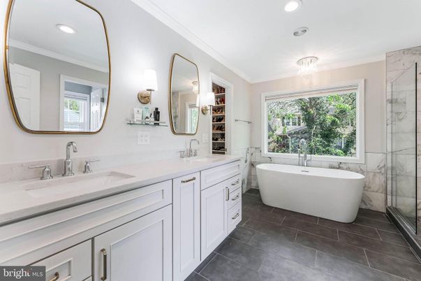 Bathroom, Dual Sink Vanities, Free Standing Baths, Glass Shower, Interior, Marble Walls, Recessed Lighting