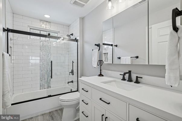 Bathroom, Glass Shower, Interior, Recessed Lighting, Wood Texture Flooring