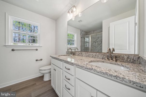 Bathroom, Dual Sink Vanities, Interior, Marble Walls, Wood Texture Flooring