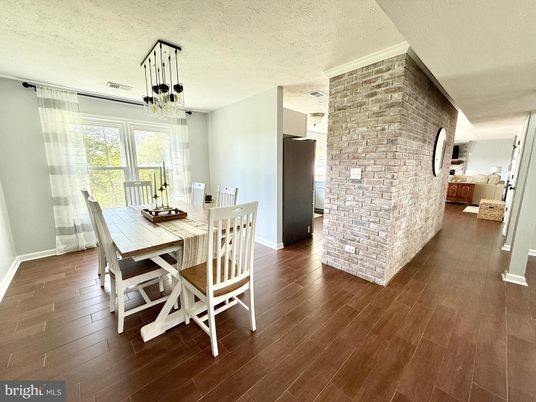 Dining room, Interior, Pendant Lights, Stone Walls, Wood Texture Flooring