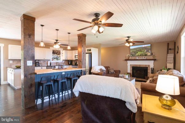 Fireplace, Interior, Kitchen, Living room, Pendant Lights, Wood Texture Flooring