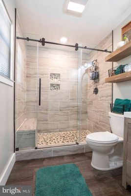 Bathroom, Glass Shower, Interior, Recessed Lighting, Wood Texture Flooring