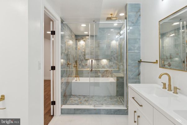 Bathroom, Glass Shower, Interior, Recessed Lighting, Wood Texture Flooring