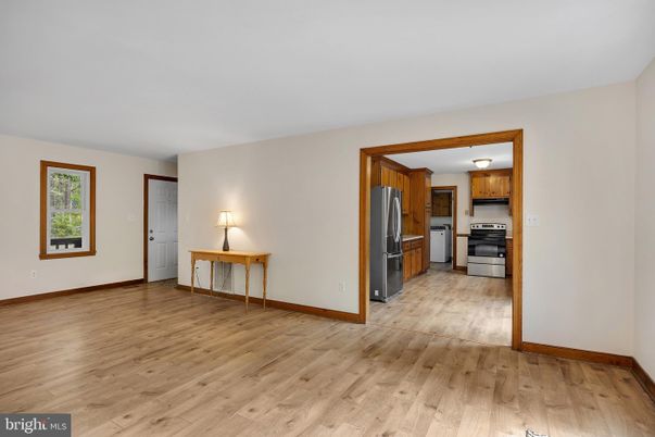 Empty room, Interior, Kitchen, Stainless Steel Appliances, Wood Texture Flooring