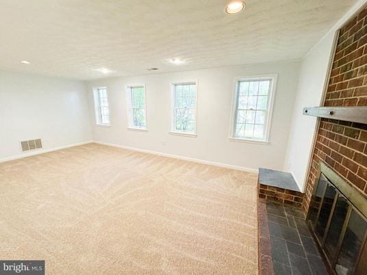 Empty room, Fireplace, Interior, Recessed Lighting, Stone Walls