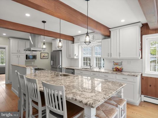Interior, Kitchen, Pendant Lights, Recessed Lighting, Stainless Steel Appliances, Wooden Beams, Wood Texture Flooring