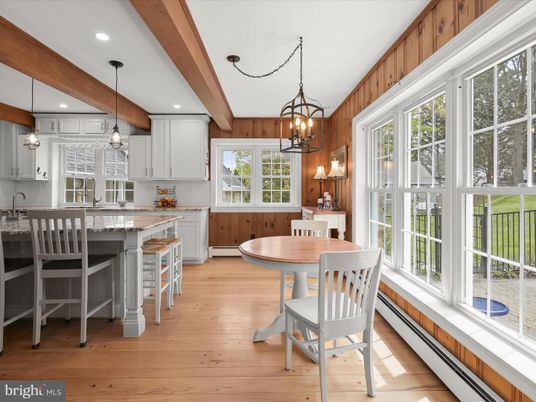 Chandelier, Dining room, Interior, Kitchen, Pendant Lights, Recessed Lighting, Wooden Beams, Wood Texture Flooring
