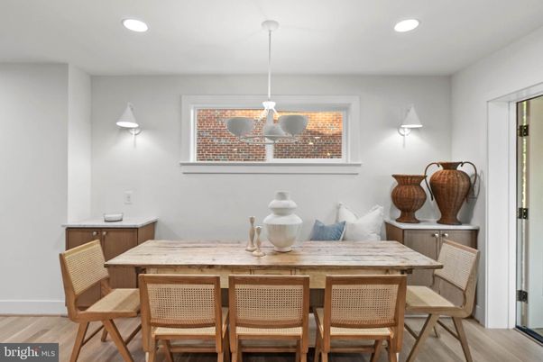 Dining room, Interior, Pendant Lights, Recessed Lighting, Wood Texture Flooring