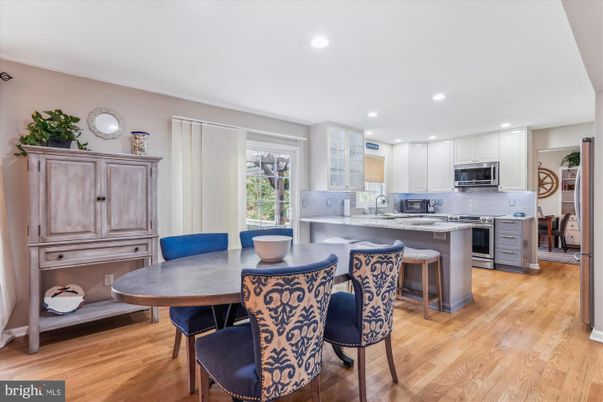 Dining room, Interior, Kitchen, Recessed Lighting, Stainless Steel Appliances, Wood Texture Flooring