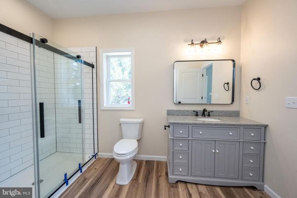 Bathroom, Glass Shower, Interior, Wood Texture Flooring