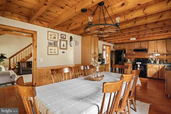 Chandelier, Dining room, Interior, Kitchen, Wooden Beams, Wooden Ceilings, Wood Texture Flooring