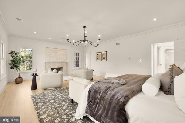 Bedroom, Chandelier, Fireplace, Interior, Recessed Lighting, Wood Texture Flooring