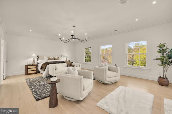 Bedroom, Chandelier, Interior, Living room, Recessed Lighting, Wood Texture Flooring