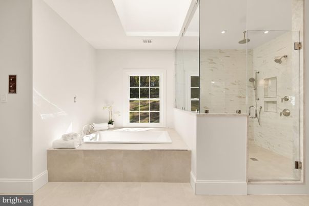 Bathroom, Glass Shower, Interior, Marble Walls, Recessed Lighting