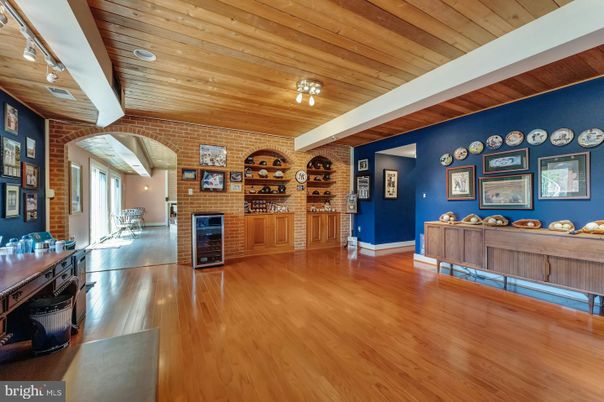 Fireplace, Interior, Recessed Lighting, Stone Walls, Wooden Ceilings, Wood Texture Flooring