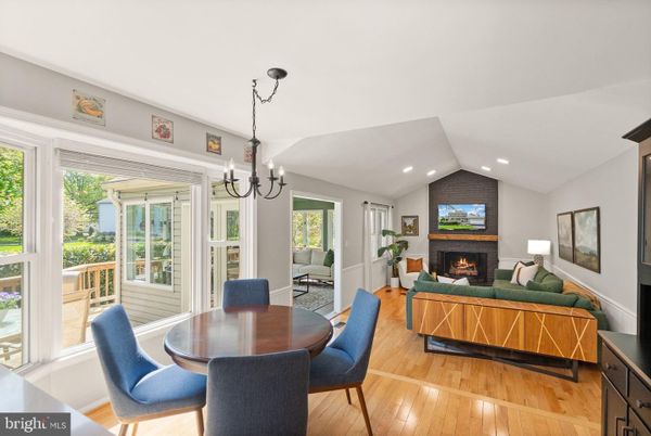 Chandelier, Dining room, Fireplace, Interior, Living room, Recessed Lighting, Wood Texture Flooring