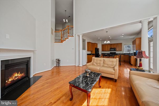 Fireplace, Interior, Kitchen, Living room, Pendant Lights, Recessed Lighting, Stainless Steel Appliances, Wood Texture Flooring