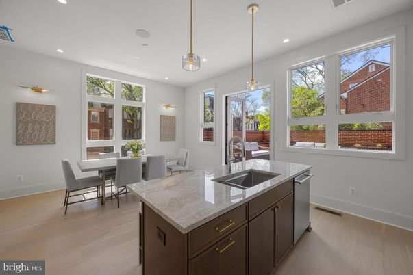 Dining room, Interior, Kitchen, Pendant Lights, Recessed Lighting, Wood Texture Flooring