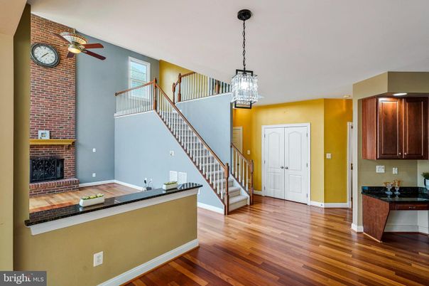 Fireplace, Interior, Pendant Lights, Stone Walls, Wood Texture Flooring