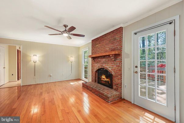 Empty room, Fireplace, Interior, Stone Walls, Wood Texture Flooring