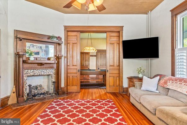 Fireplace, Interior, Pendant Lights, Wood Texture Flooring