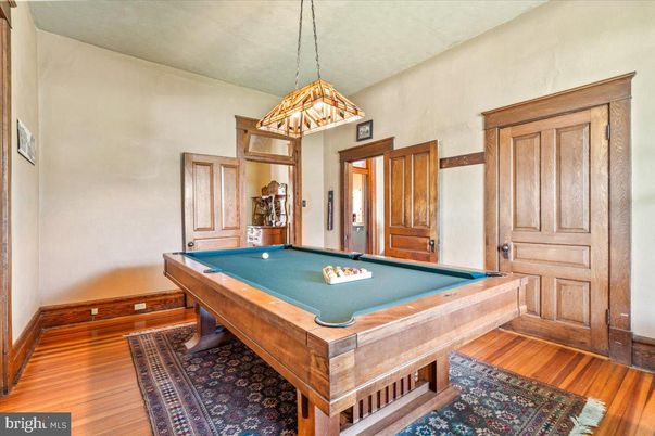 Billiard Table, Game Room, Interior, Pendant Lights, Wood Texture Flooring