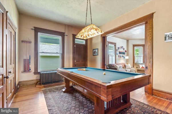 Billiard Table, Game Room, Interior, Pendant Lights, Wood Texture Flooring