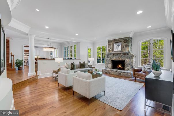 Fireplace, Interior, Living room, Pendant Lights, Recessed Lighting, Wood Texture Flooring
