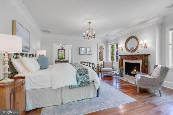 Bedroom, Chandelier, Fireplace, Interior, Wood Texture Flooring