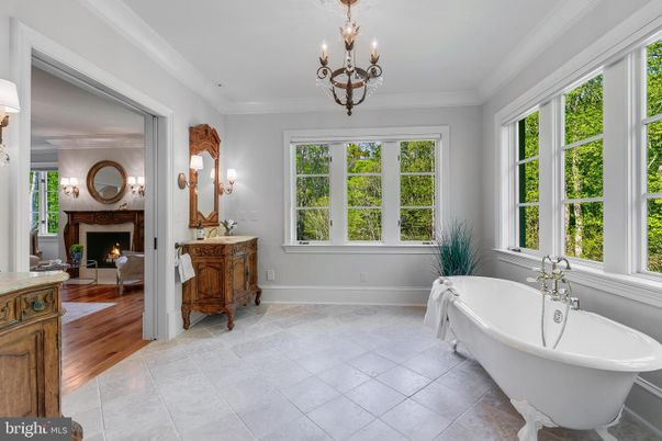 Bathroom, Chandelier, Fireplace, Free Standing Baths, Interior, Wood Texture Flooring