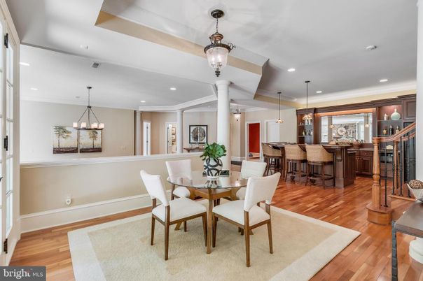 Dining room, Interior, Pendant Lights, Recessed Lighting, Wood Texture Flooring