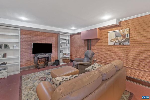 Fireplace, Interior, Living room, Recessed Lighting, Stone Walls