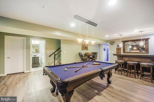 Billiard Table, Game Room, Interior, Pendant Lights, Recessed Lighting, Wood Texture Flooring